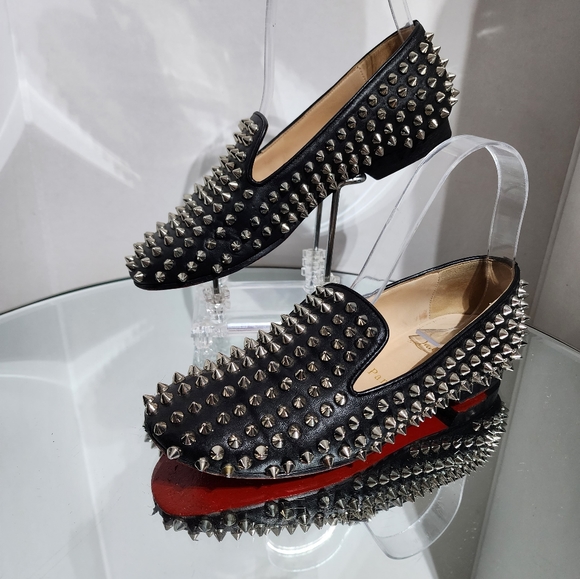 Christian Louboutin Black Silver Studded Spik Loafers Flats Size 35 - Picture 4 of 8